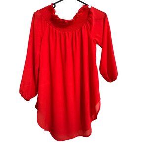 Michael Michael Kors Red Smocked Neck Chiffon Blouse With 3/4 Sleeves XS Womens